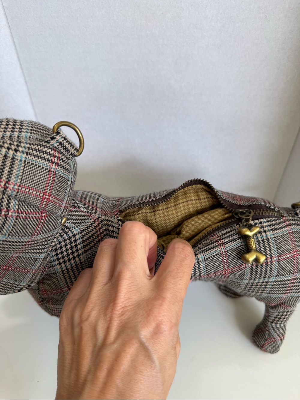 Plaid Dachshund Puppy Mini Bag - Fuzzy Nation Gray/Tan Plaid - Picture 5 of 10
